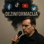 Gali būti 1 asmuo ir tekstas „J f DEZINFORMACIJA“ vaizdas