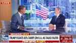 Gali būti 2 žmonės, televizija, Ovalusis kabinetas, žinių skyrius ir tekstas „LIVE CASNEWSROOM ICAS AMERICA'S AMERICA'S.NEWSROOM NEWSROOM NEW AMERT NEWSROOM BREAKING NEWS FOX FOX TRUMP FLOATS 50% TARIFF ONE.U. ON E.U. AS TALKS FALTER NEWS channel FOX NEWS FOXNEWSALERT ALERT DOW FUTURES 41 1,386.00 539.00 39.001.29% 1.29%“ vaizdas