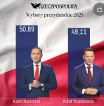 Gali būti 2 žmonės ir tekstas „#RZECZPOSPOLITA Wybory prezy prezydenckie 2025 50,89 49,11 49 KarolNawrocki Karol Nawrocki RafatTrzaskowski Rafał Trzaskowski“ vaizdas