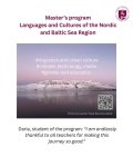 May be an image of text that says '@ ERETE Master's program C LNN Languages and Cultures of the Nordic and Baltic Sea Region #migration and urban culture #climate, technology media #gender and education Photo by teacher Rasa Bar aranauskiené anaus Daria, student of the program: &quot;I am endlessly thankful to all teachers for making this journey so good.&quot;'
