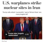 Gali būti 3 žmonės ir tekstas „U.S. warplanes strike nuclear sites in Iran Trump calls attack 'successful,' warns Tehran there 'are many targets left' left' Trump says targets 'obliterated' 0:48 (The Post)“ vaizdas