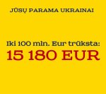 Gali būti tekstas „JUSY PARAMA UKRAINAI Iki 100 mln. Eur trüksta: 15 180 EUR“ vaizdas