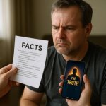 Gali būti 1 asmuo ir tekstas „FACTS - THE TRUTH“ vaizdas