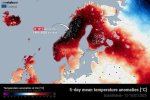 Gali būti tornadas, žemėlapis ir tekstas „climatebook (opernicus 8-10C above 8-10°Cabovethe the 1991 1991-2020 average Temperature anomalies Temperatureanomaliesat2mPc) at 2m ［C】 ERA5 5 5-day mean temperature anomalies [℃] Scand inavia 12- 2 6/07/2025“ vaizdas