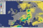 Gali būti žemėlapis ir tekstas „3-hour probability of large hail and lightning Probabilities within 40 km kmof point Hail 1-2 Valid: Sun 03 Aug 2025 15:00 Sun 03 Aug 2025 18:00 UTC 5-10 10-15 % 15-25 25-40 % 40 cm Hail % 10% % Lightning 5-25 % 6 25-50% % 250% ESSL ECMWF/ICON-EU/GFS EU/GFS combination Forecast from: Sun 03 Aug 2025 00:00 UTC“ vaizdas
